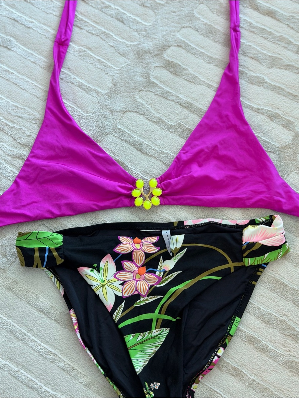 Trina Turk Two-Piece Floral Bikini Set - Hot Pink Top & Black Floral Bottom